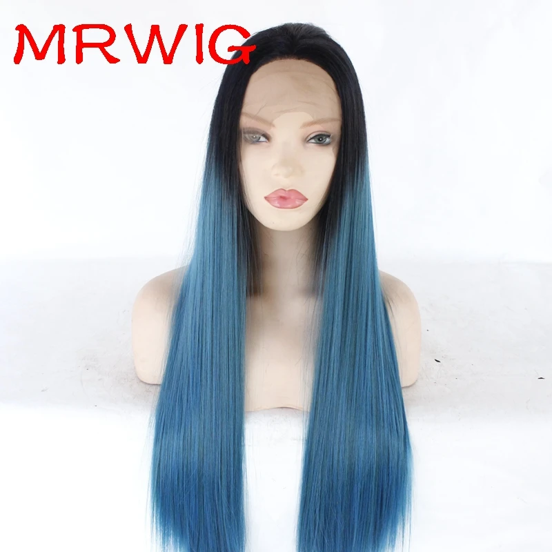 MRWIG 26in 150%Denstiy 8in Black Hair Color 1b# Black Ombre Mixed-Blue Color Free Part Synthetic Glueless Lace Wig