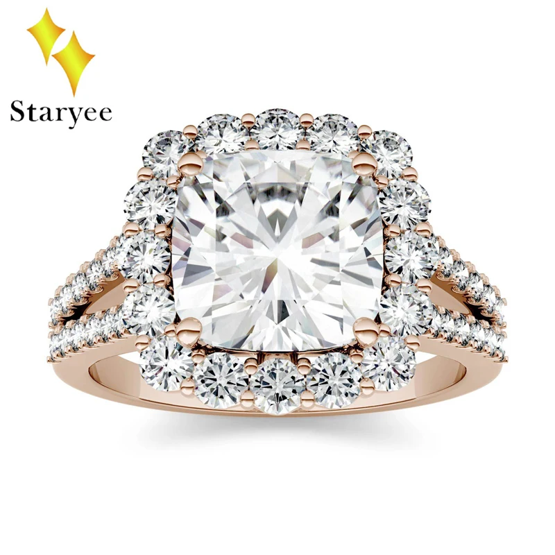 Тест положительных 18 k из розового золота Moissanite алмазные кольца Блестящий Halo имитация бриллианта Кольцо Для свадебное кольцо для женщин