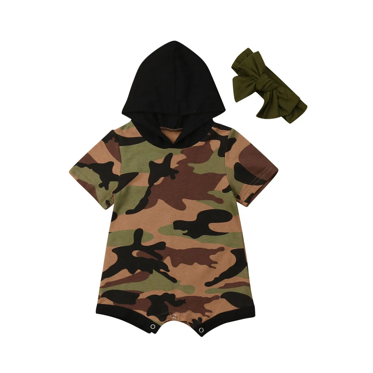 Детская одежда для маленьких девочек камуфляжный комбинезон с капюшоном и короткими рукавами, комплект одежды с повязкой на голову