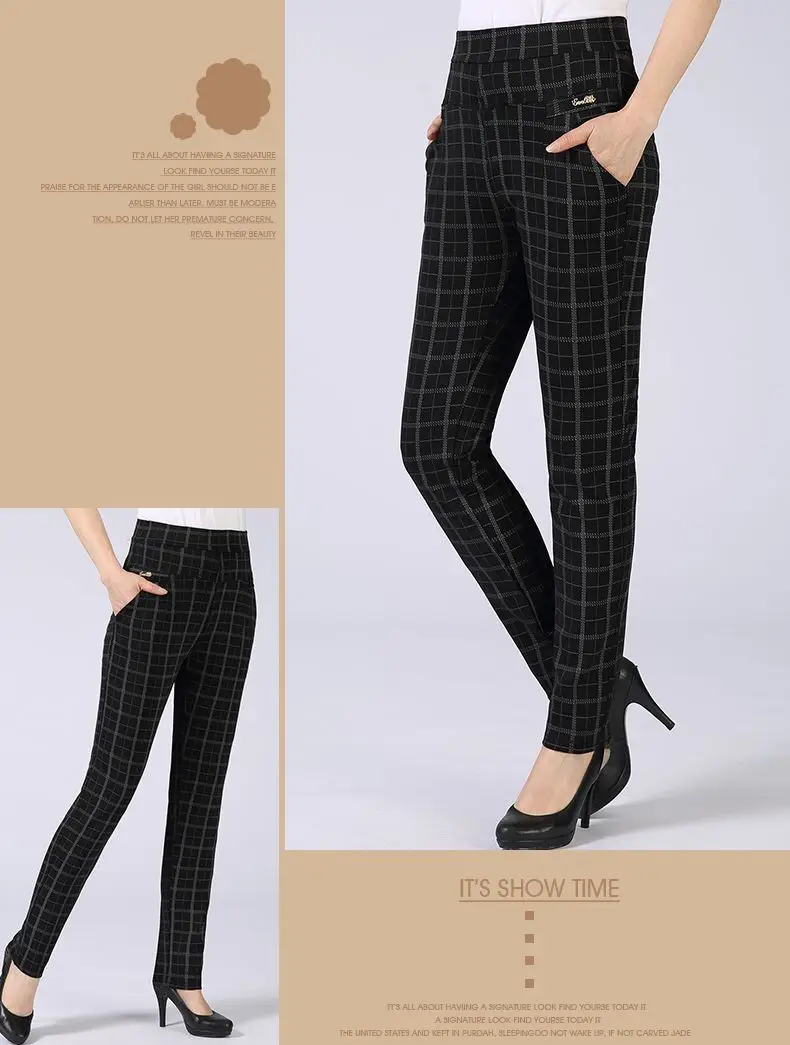 Spring Autumn Woman Casual Pant Navy Blue Black Khaki Gray Trousers Middle Aged Women Plaid Pattern Pants High Waist Trousers Mother Bottoms (14)