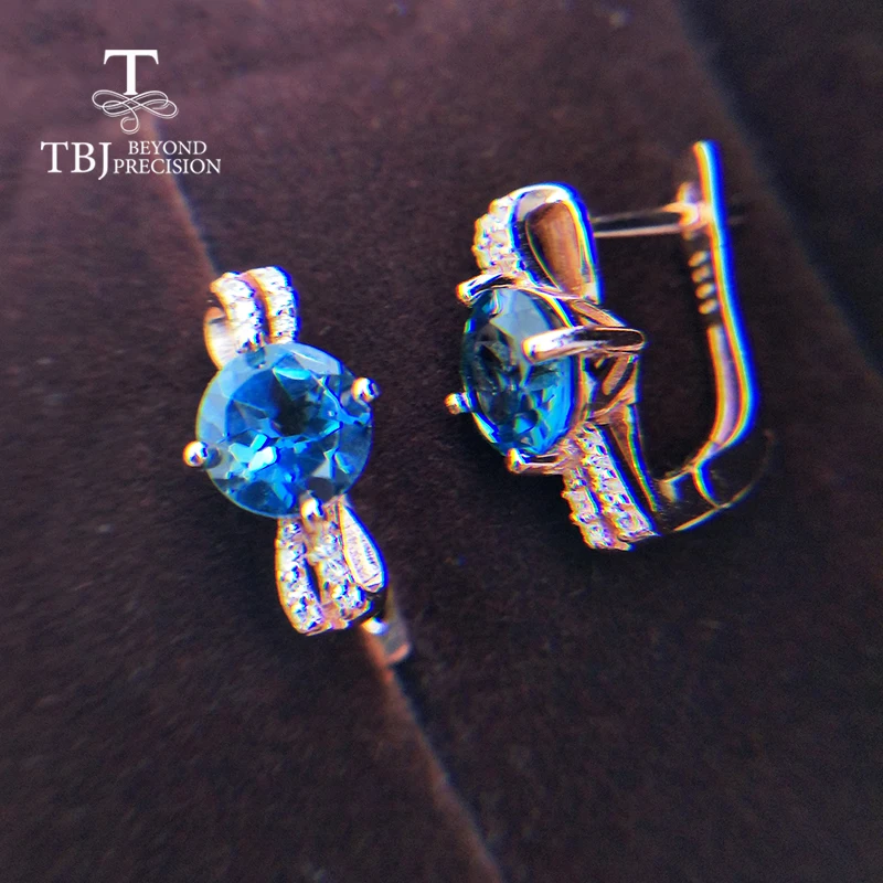 Женские круглые серьги TBJ с голубым топазом 7 мм 3 карата из стерлингового серебра