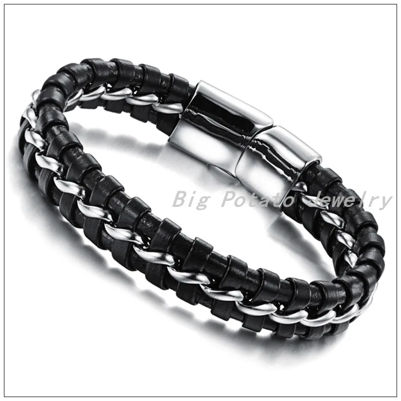 

20cm*12mm 29g Promotion Sale Classic Silver Stainless Steel With Black Genuine Leather Hand-Woven Bracelet Bangle For Men Boy