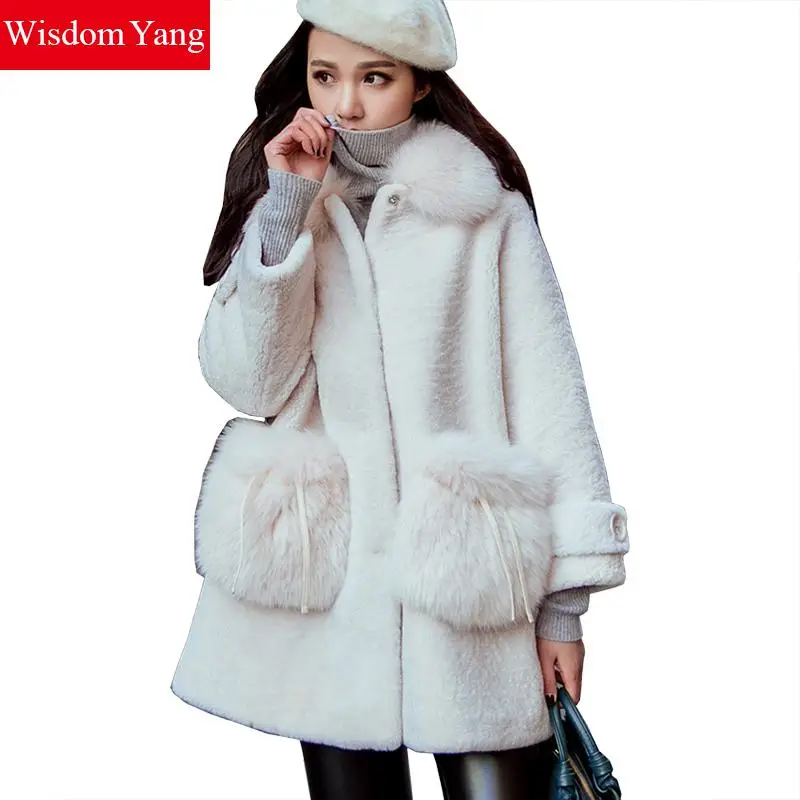 White Winter Warm Fleece Coat Sheep Wool real Fox Fur Collar Womens