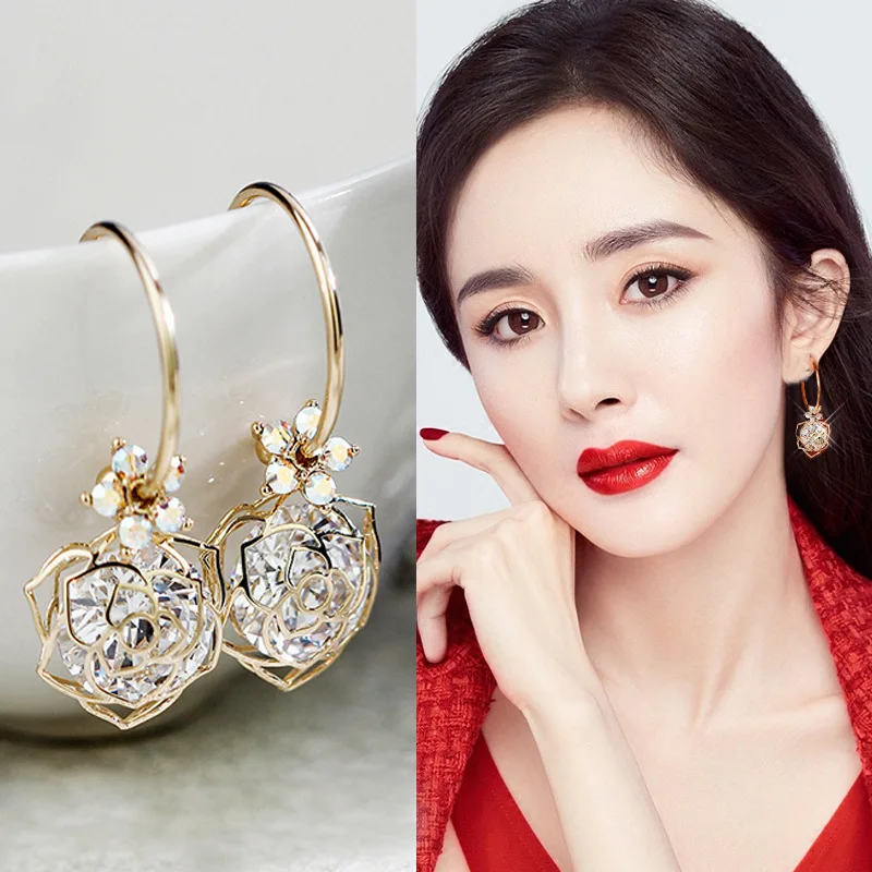 

hollowed out zircon flower shape earrings fashion personality temperament long korean earrings earrings for women