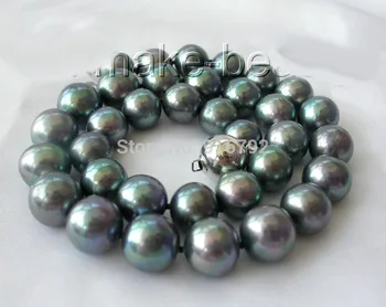 

Wholesalestunning big 13mm perfect round black freshwater pearl necklace silver