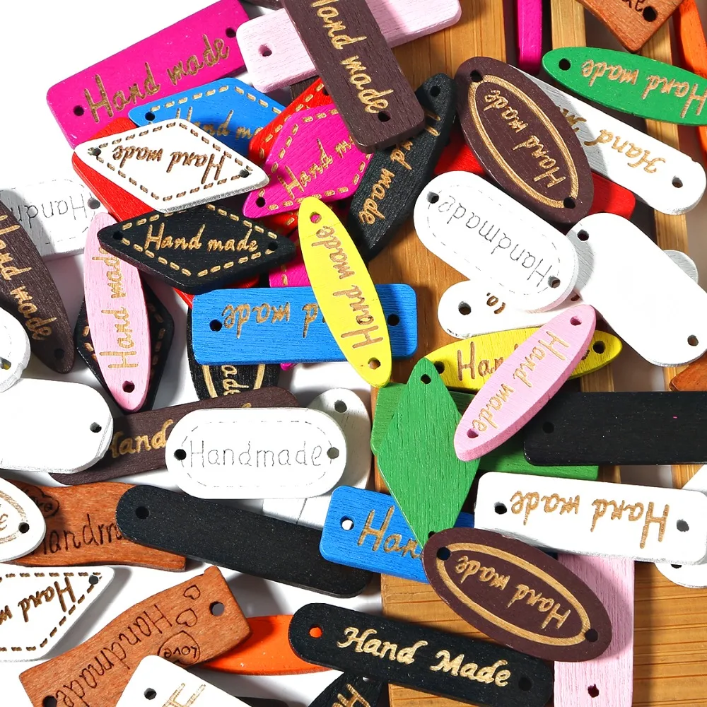 

mixed 50Pcs Wooden Button "Hand Made" tags Wood Sewing Accessories For Clothes Handmade Scrapbooking Craft DIY Garment
