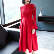 Gothic dress 2018 Spring 1719407 Temperament Women Slim Lace Lotus Sleeves Chinese Style Red Wedding Back Door flower dress
