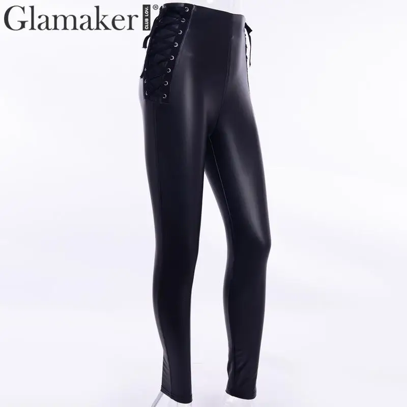 Glamaker, женские штаны из искусственной кожи на шнуровке, эластичные обтягивающие штаны, Капри, сексуальные брюки с высокой талией, женские штаны, зимние штаны