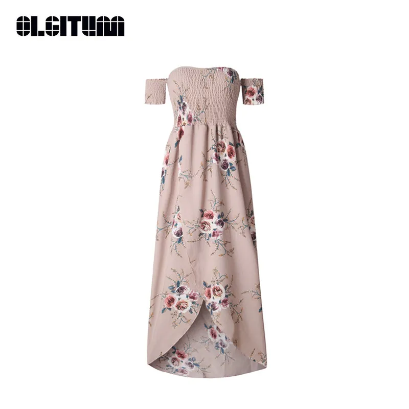 

New OLGITUM 2018 Bohemian Long Dress Women Summer Dresses Floral Print Off Shoulder Beach Chiffon Dress Vestidos DR178