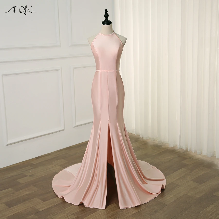 

ADLN Cheap Halter Sleeveless Mermaid Evening Dress Robe De Soiree Front Slit Sweep Train Formal Evening Party Gowns
