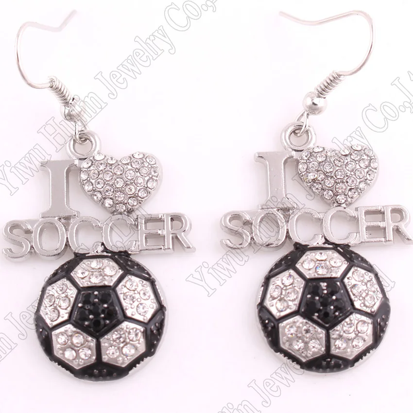 

High Quality rhodium plated earring with sparkling crystals I LOVE SOCCER pendant