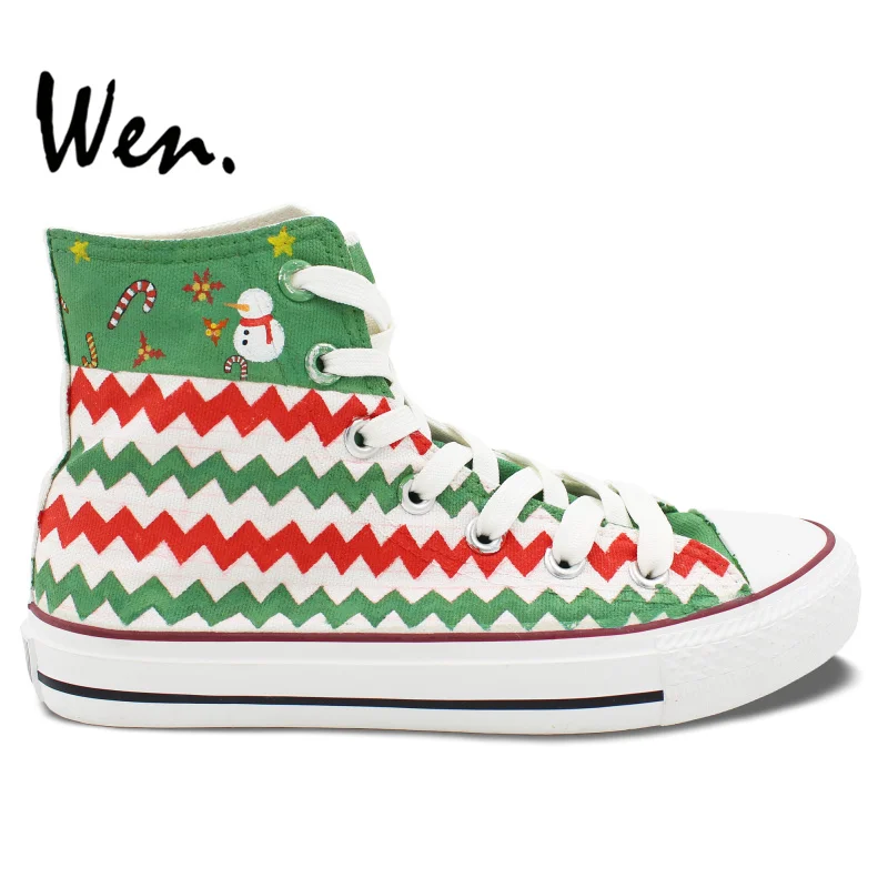 

Wen Original Design Custom Hand Painted Shoes Christmas Green Pattern High Top Canvas Sneakers for Men Women's Christmas Gifts