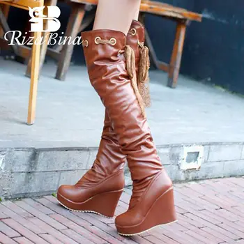 

RizaBina 4 Colors Women High Heel Boots Platform Wedges Lace Over Knee Women Boots Sexy Elegant Wram Women Footwear Size 34-39