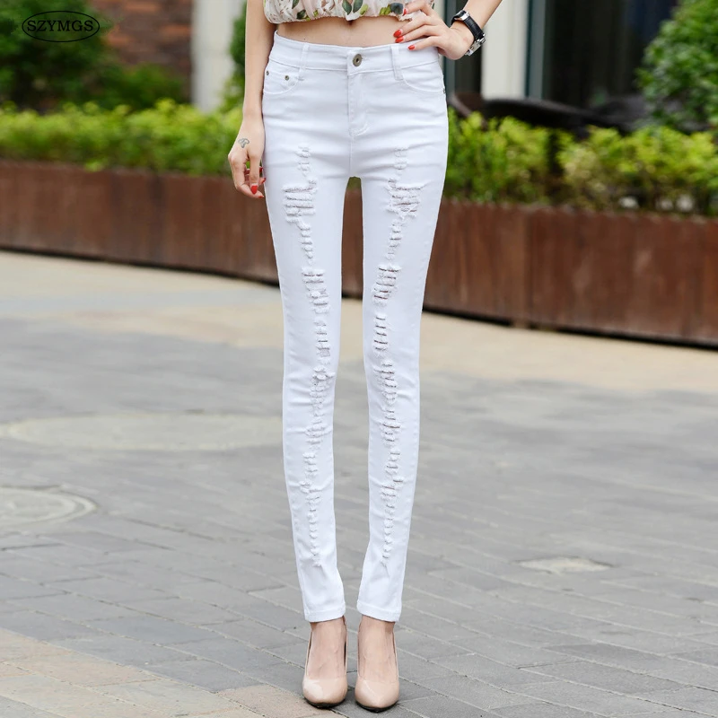 

SZYMGS HOT Fashion Pencil Pants Distressed Jeans Woman Skinny jean Pants Slim Ripped Jeans For Women Hole Jeans