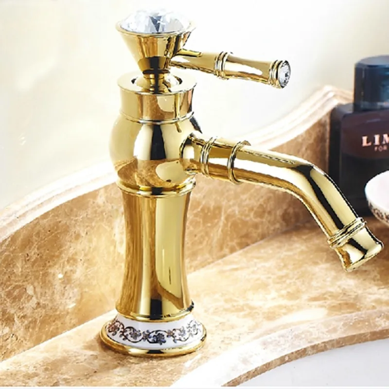 Crystal European Gold Crystal Double Hole Kitchen Faucet Copper Antique Table Basin Tap