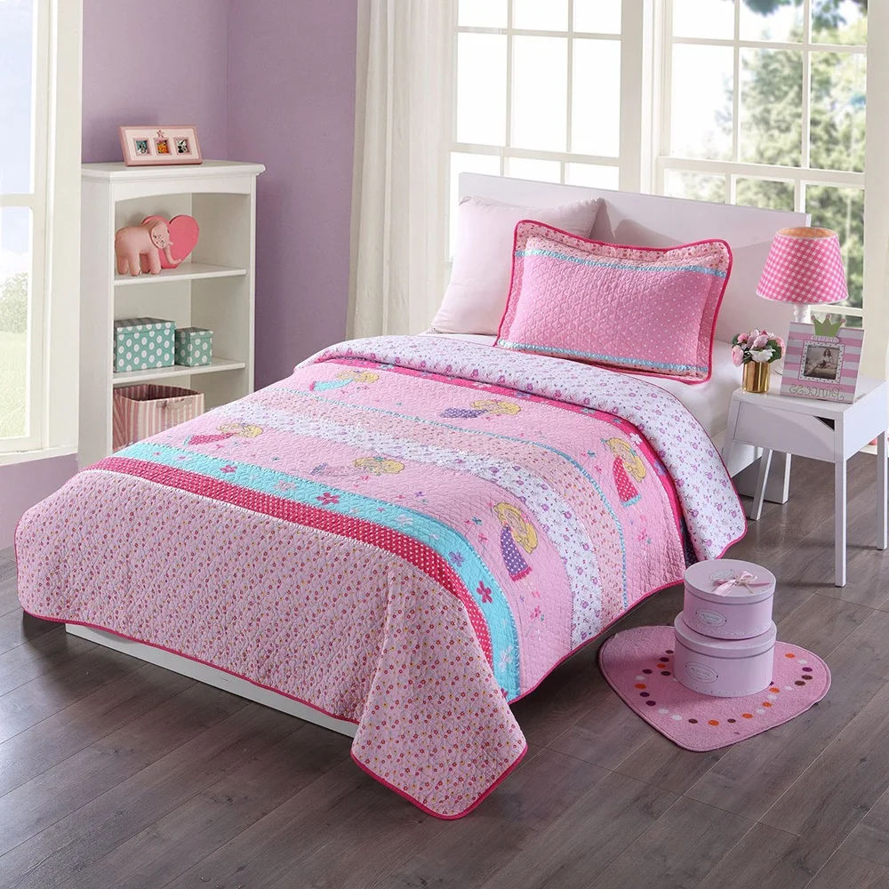 

Soft Kids Bedspread Quilt Set 2pcs Coverlet Flowers Applique Quilts Embroidered Bed Covers Twin Size Girls Bedding Blanket