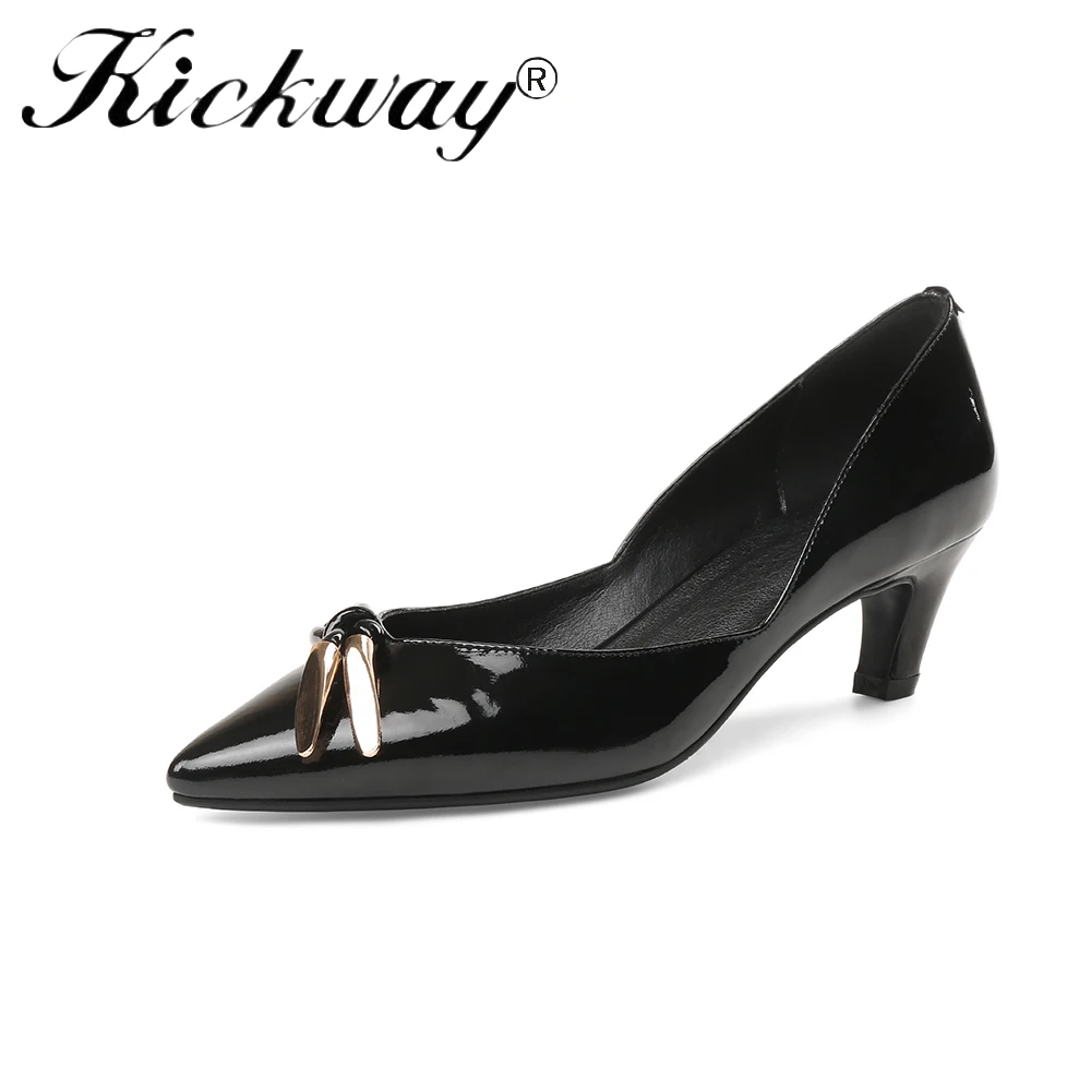 

Kickway Plus Size 34-43 Woman Shoes Genuine Leather Med Heels Women Pumps Stiletto Women's Work shoes Pointed Toe Wedding Shoes