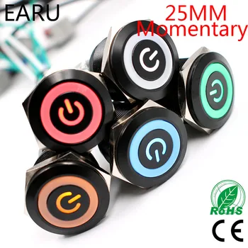 

25mm Alumina Black Body Waterproof Momentary Doorebll Horn LED Push Button Switch Car Auto Engine Start PC Power Symbol 12V 24V