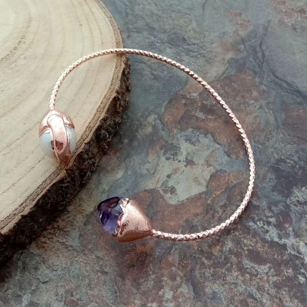 

White Keshi Pearl Gems Rough Rose Golden Plated Bangle Bracelet