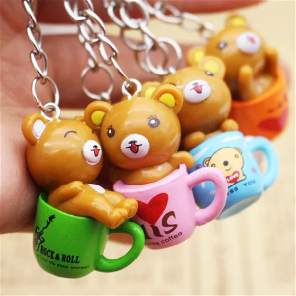 

6 pcs/sets Trendy Cute Cartoon Plastic Bear and Cup Keychain For Women Girls Gifts Car Bags Keyring