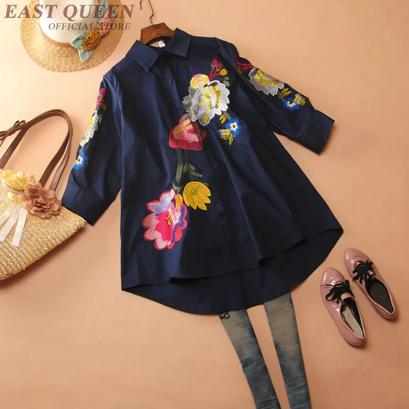 

Vintage embroidered women shirts tops in spring slim elegant three quarter sleeve square collar floral shirts women AA3439 F