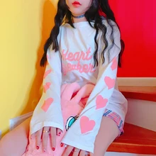 Новая Корейская версия свободная тонкая круглая шея футболка рукава Персиковое сердце печатная Студенческая тонкая секция футболка Женские топы