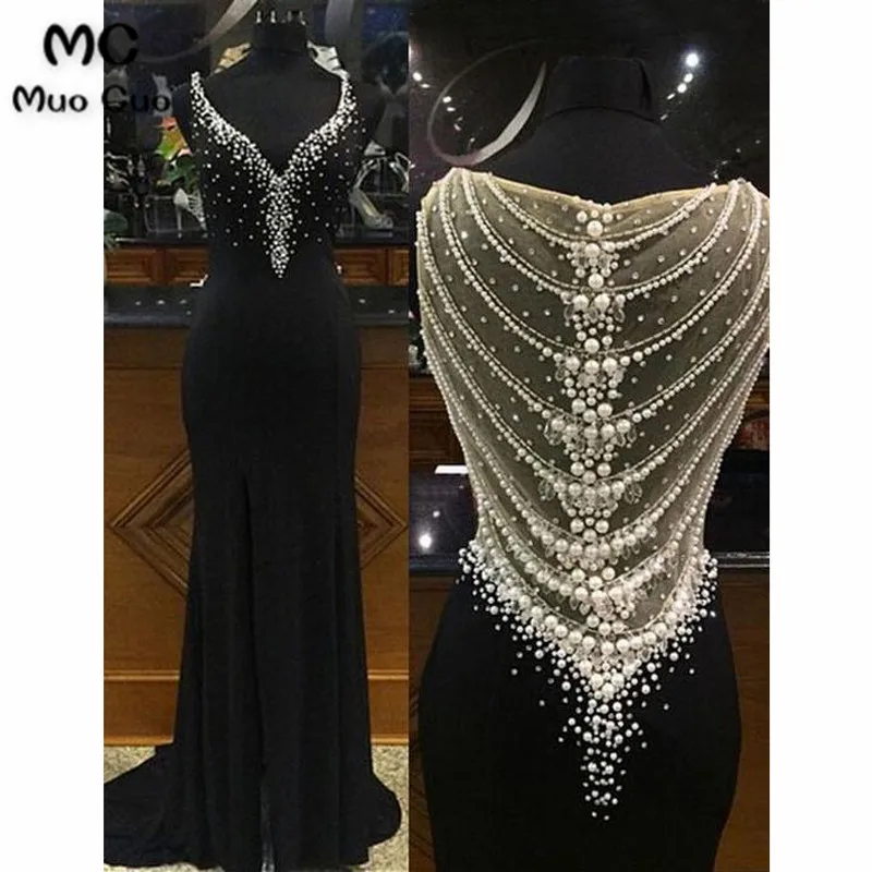 

2018 Elegant Mermaid Prom Dresses Long with Pearls V-Neck Elastic Satin Black Illusion Back Formal Women's Evening Dresses