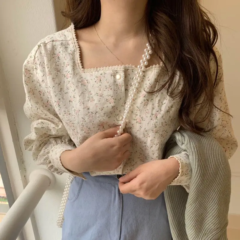 Kopen Hzirip Koreaanse Vrouwen Blouses 2019 Lente Zomer Zoete Mode Vierkante Kraag Casual Print Shirt Lange Mouw Vrouwen Tops Shirts