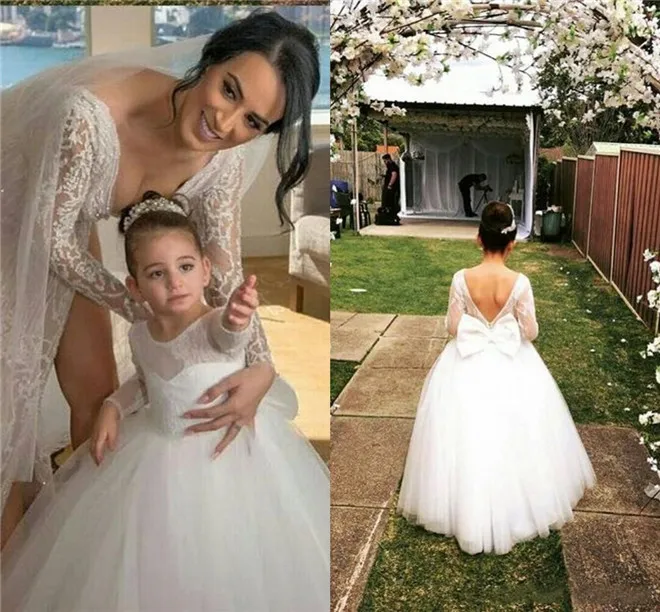 

White Tulle Lace First Communion Gowns For Princess with Bow V-Back Customized Flower Girl Dress Kids Prom Dress Formal Wears