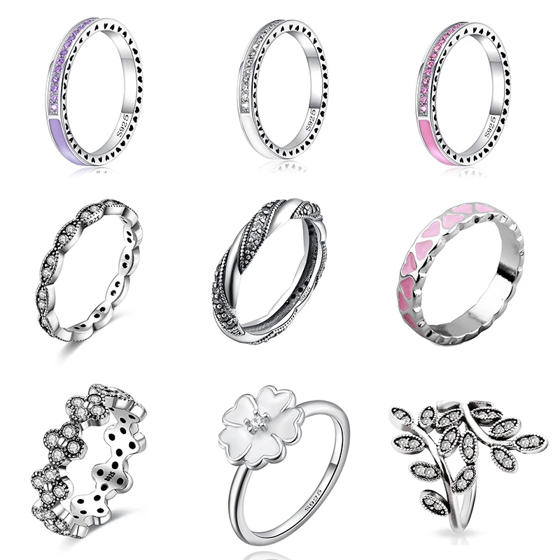 

9 Style 925 Sterling Silver Ring with Pink Heart Flower Diy Ring For Women Jewelry