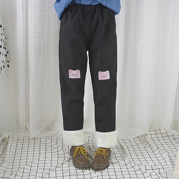 

Pig Embroidery Cashmere Patchwrok Cute Women's Full Length Pants Winter Warm Trousers Casual 2018 Autumn Color Grey & Black