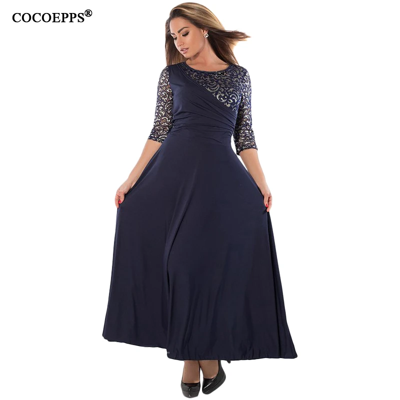 

Women Long Dress Maxi Autumn Winter 2019 5XL 6XL Big Sizes Lace Patchwork Dress Sexy Party Dresses Black Plus Size Clothing