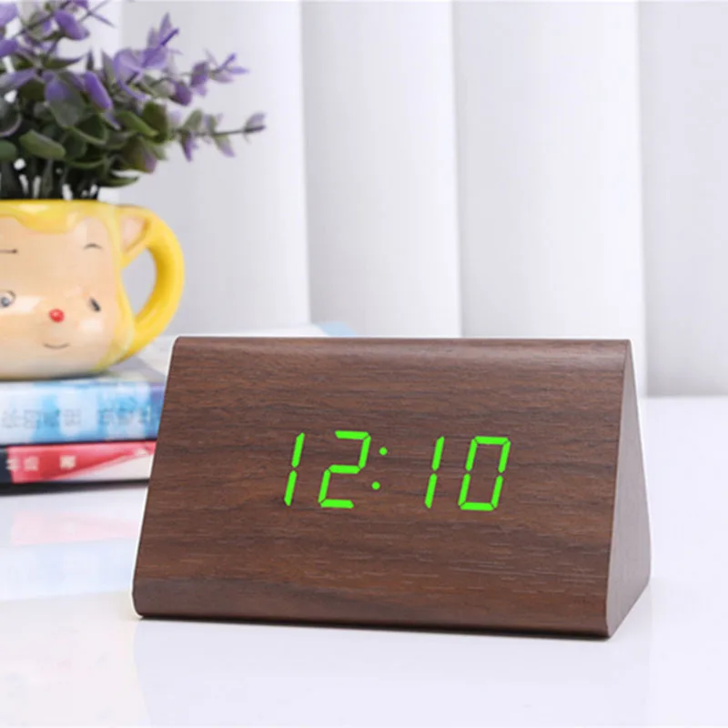 

Sound Voice Control Digital Led Wooden Alarm Clock Electric or Battery Operated with Date Temperature