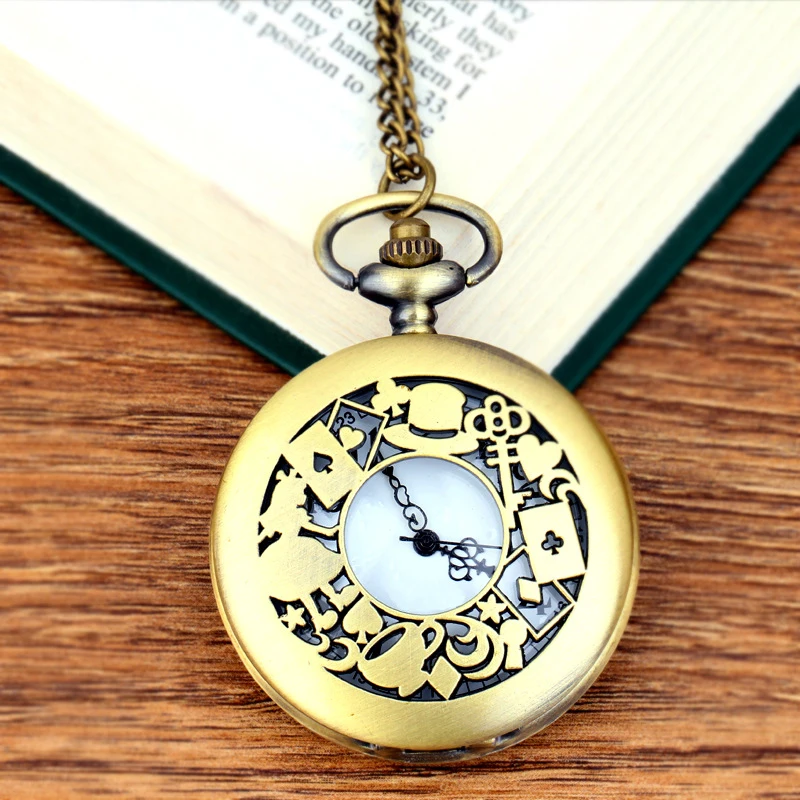 Quartz Pocket Watch Hollow Woman Hat Playing Cards Pendant Fob Watches with Necklace for Men Women 1