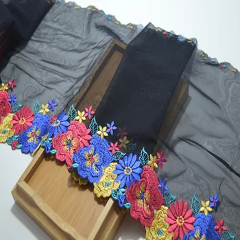 

somelace 19CM(2yds/lot)black gauze shiny silk embroidery pink~blue flower Hight quality lace fabrics embroidered lace 17513