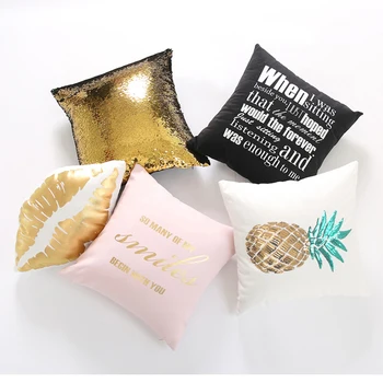 

Compact Sequins Pineapple Pillowcase Pink Letters Gold Stamping Lips Golden Sofa Cushion Covers Home Decorative Magical Color
