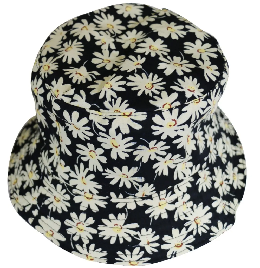 2017 New Summer Black Daisy Floral Print Boonie Fishing Hats For Women