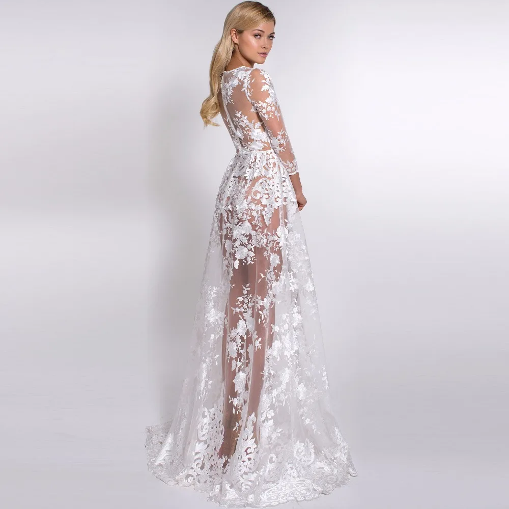 Sexy White Appliques Transparent Prom Dresses Long Sleeve O Neck Floor Length Prom Gowns vestido de