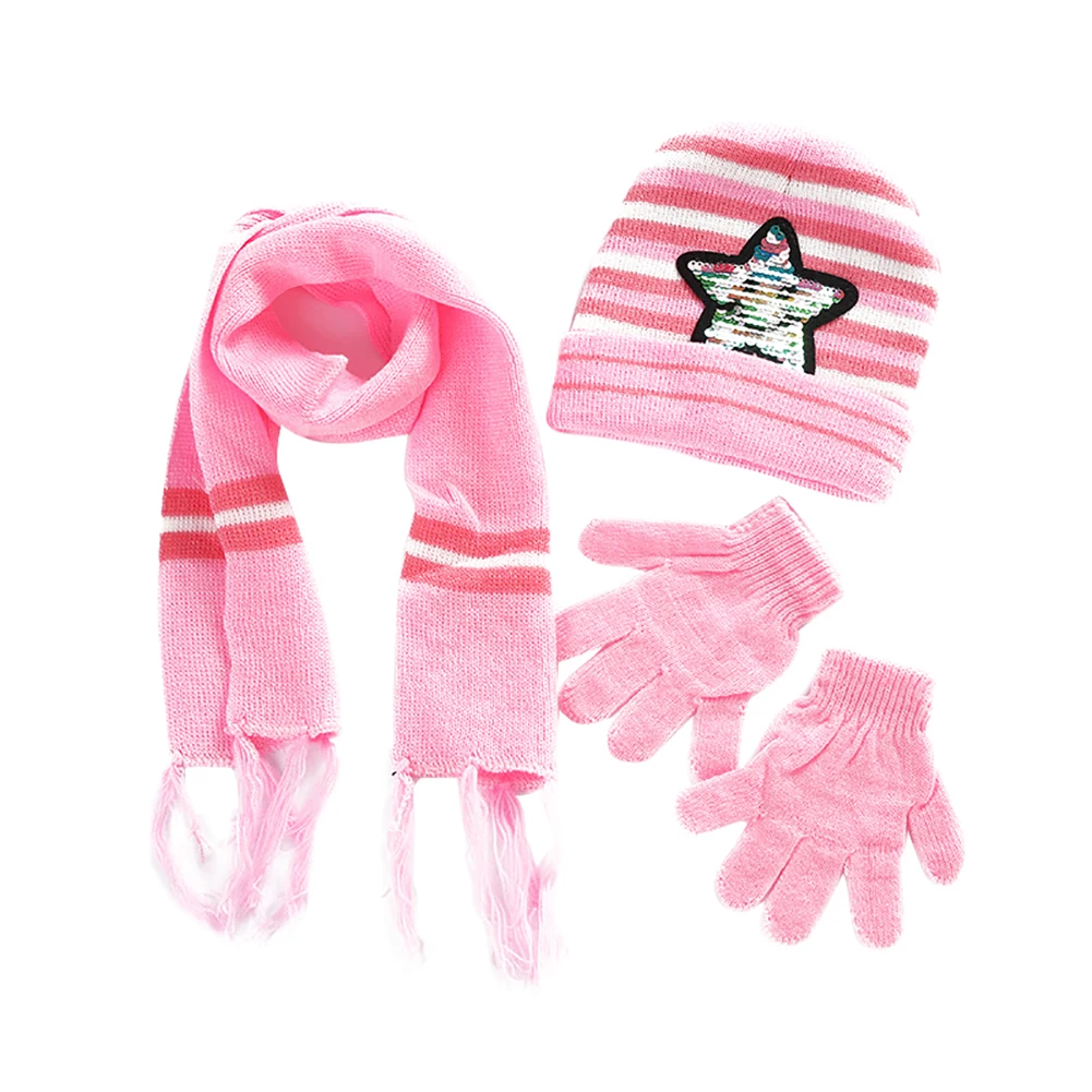 Для маленьких мальчиков и девочек; унисекс; теплая осенне-зимняя Круглая Шапка со звездами; шапка; шарф; перчатки; комплект - Цвет: Pink