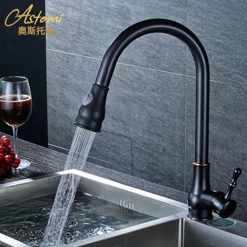 

AUSWIND Black Antique Brush Kitchen Pulling Cold And Hot Water Faucet Full Copper Basin Wash Basin Faucet Retractable Rotation