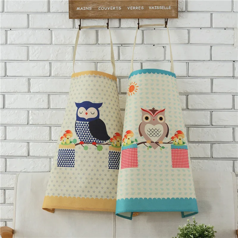 1pcs Cotton Linen Owl Flower Pattern Apron Woman Adult Bibs Home Cooking Baking Coffee Shop Cleaning Apron Kitchen Accessory