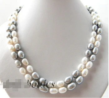 

shipping>>>>2Strands 19'' 9mm White Gray Rice Freshwater Pearl Silver Necklace