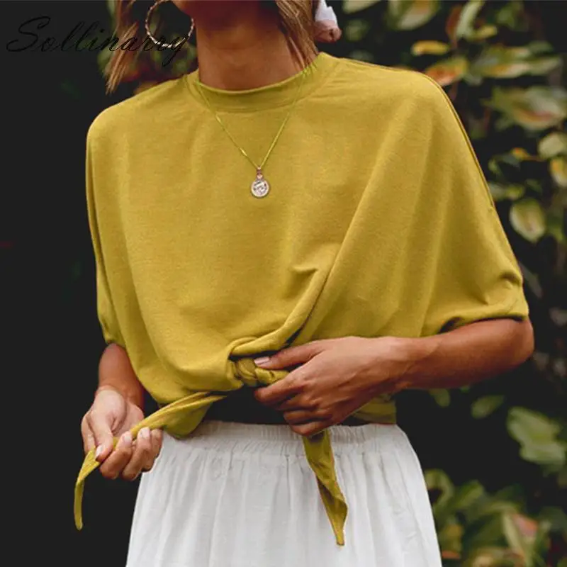 

Sollinarry Fashion Green Bow Casual T-Shirt Girls Plus Size Summer Short Sleeve Crop Tops Women 2019 O Neck Lace up Tops Shirts