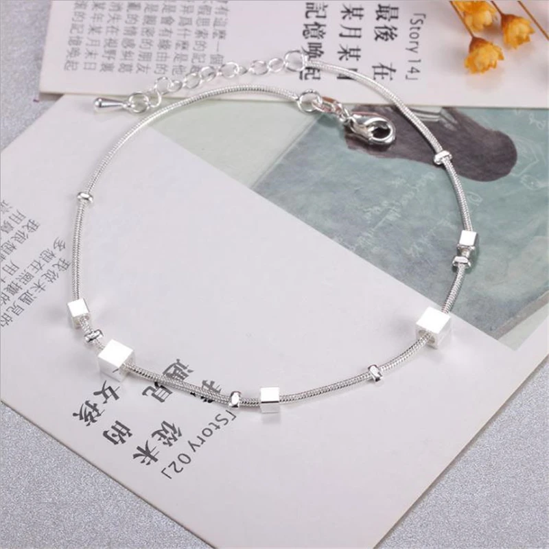 

KOFSAC Trendy Jewelry Ankle Chain Bracelet 925 Sterling Silver Square Chain Anklets For Women Lovely Korea Style Jewelry Gifts