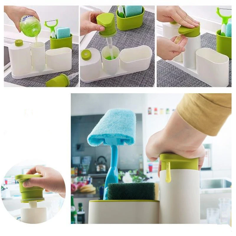 Kitchen Sink Detergent Dispenser Stand With Sponge Storage Liquid Soap Automatic Dispenser Shelf Set Bathroom Organizer Green1