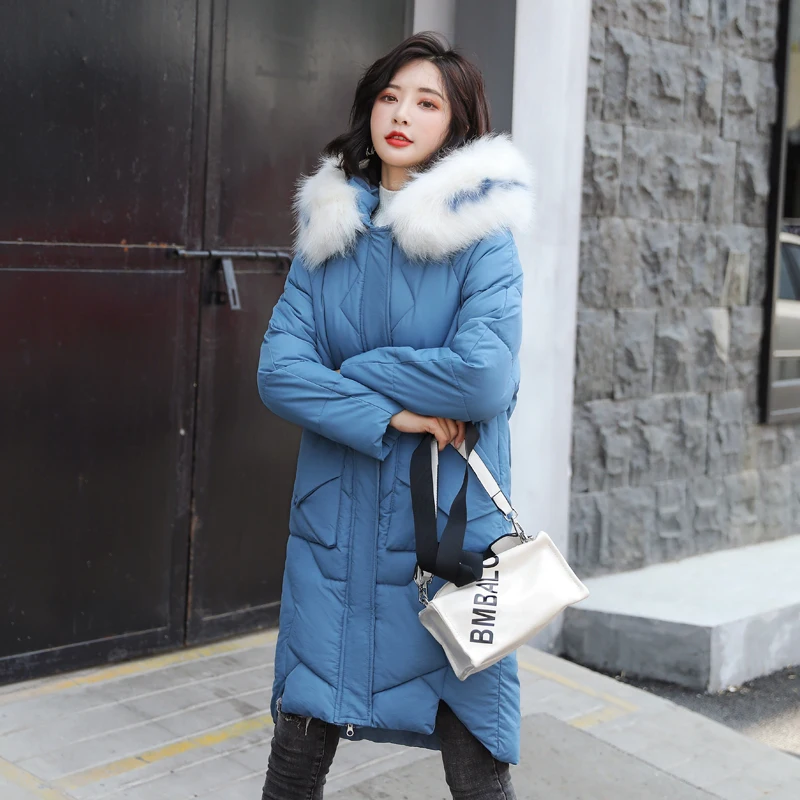 Женская зимняя куртка в Корейском стиле, теплая, с капюшоном, с меховым воротником, Женская куртка, длинная парка