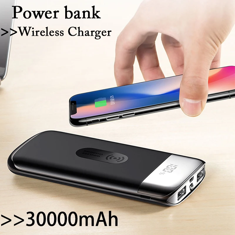 

30000mah Power Bank External Battery Bank Built-in Wireless Charger Powerbank Portable QI Wireless Charger for iPhone XS Max 8