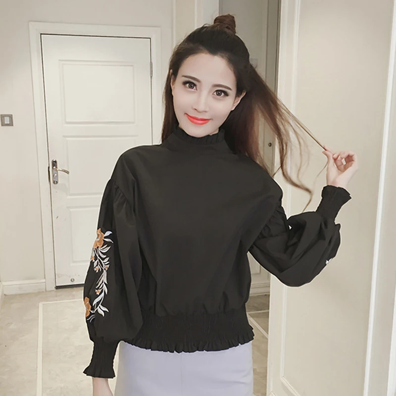 Women Blouses Solid Embroidery Ruffled Stand Collar Full Length Lantern Sleeves Woman Shirts 2019 Flower Loose Casual Female Top