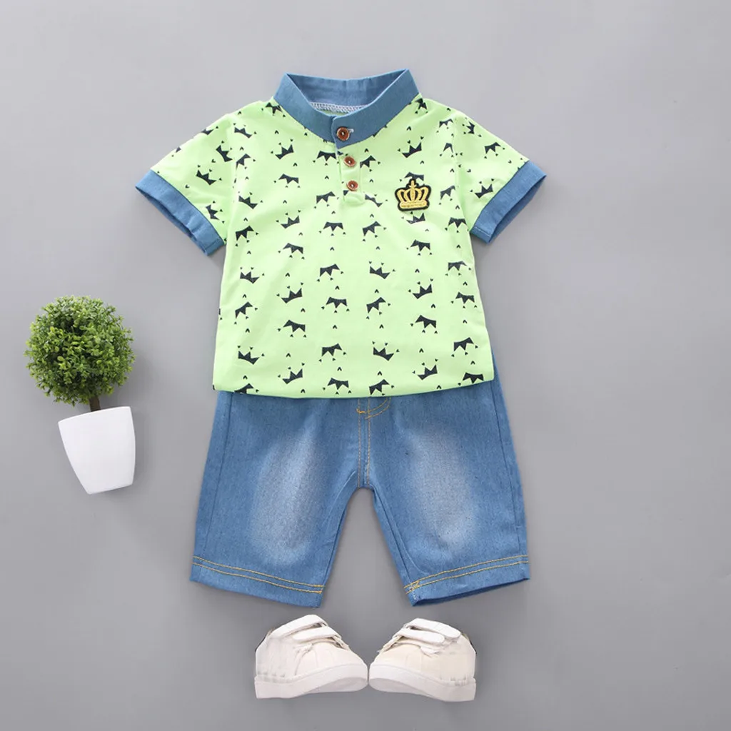 Toddler Boy Clothes Summer Crown T Shirt+ Denim Shorts Pants Sets Outfits Children Baby Clothing For Boys 1 2 3 4 5 Years