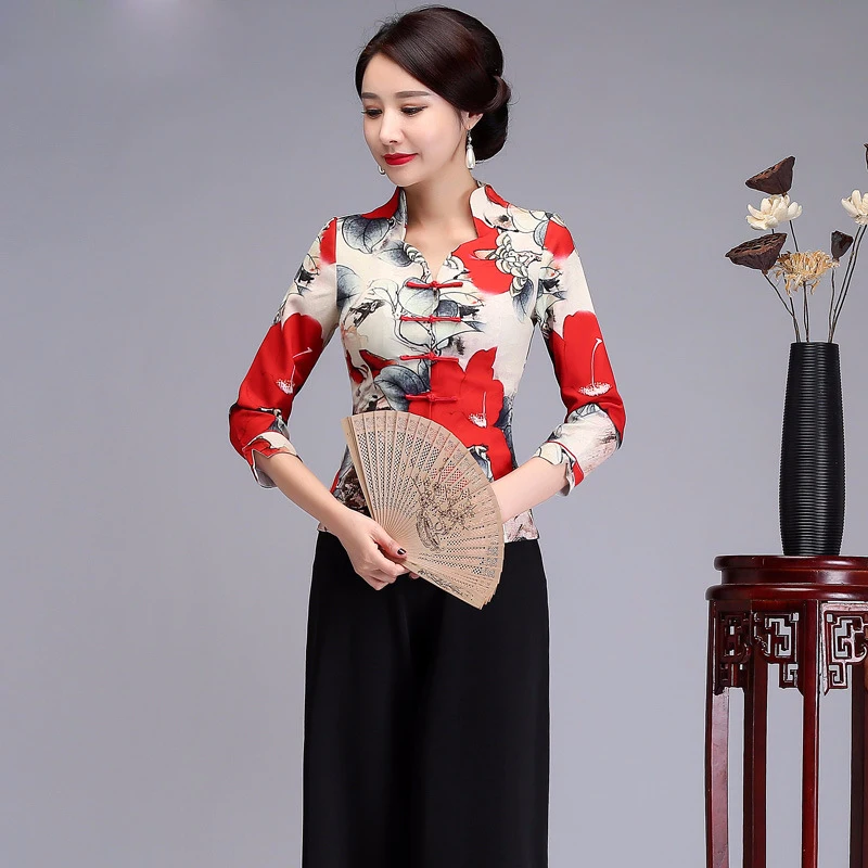 Chinese Style Mandarin Collar Women Blouse Elegant Printed Chinese Style Mandarin Collar Women Blouse Elegant Printed